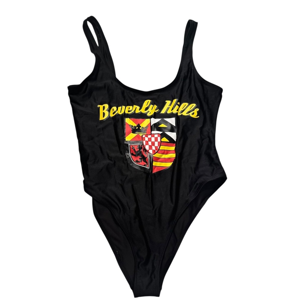 Forever 21 Beverly Hills One Piece Swimsuit Graphic Logo Black Bathing Suit 196